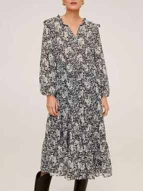 Mango Black & White Floral Long Sleeve Midi Dress